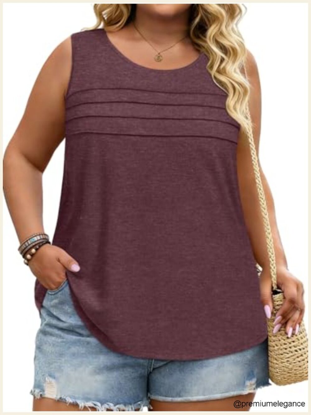 Plus Size Sleeveless Pleated Tank Top Women's Loose Fit Crewneck Blouse